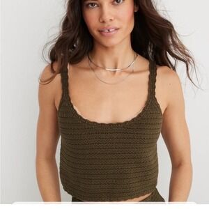 Aerie Crochet Knit Crop Tank Top Olive Green Small Boho Cotton Size S